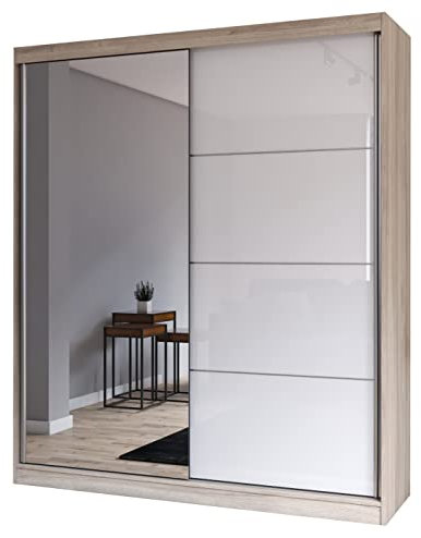 Fabryka Mebli Idźczak Kleiderschrank mit Spiegel - Schwebetürenschrank, Schlafzimmerschrank - Sonoma, Weiß Schrank für Schlafzimmer, Ankleidezimmer - 61 x 183 x 218 cm - Garderobenschrank