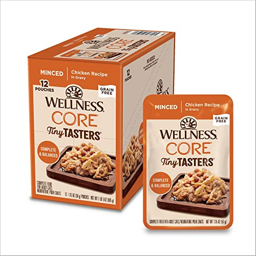 Wellness CORE Tiny Tasters Minced Adult Wet Cat Food, Natural, Protein Rich, Grain Free, Chicken Recipe, 1.75 oz, Pack of 12 Pouches