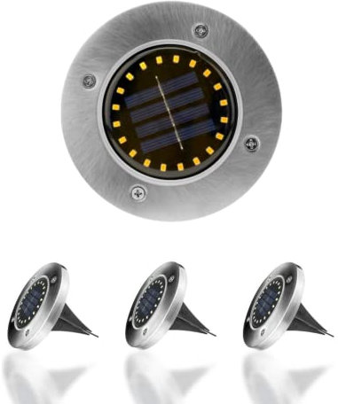 Vicyol S&D 4 Luces Solares Jardín Exterior 20LED con Luz Blanca Fría 6000-6500 Kelvins. Foco Iluminación de Caminos Impermeable IP65 de Acero Inoxidable para Césped, Patio, Piscina.