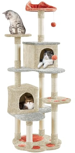 Yaheetech Kratzbaum Pfotenform Katzenbaum Höhe 165 cm, 5-stufiger Katzenkratzbaum mit Katzenhöhlen Aussichtsplattform Kratzstämme Plüschball, Beige