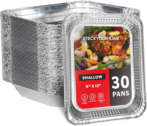 (30 Pack) Disposable Aluminum Pans 9x13 Shallow, Heavy Duty 1.75 Deep Foil Pans, Baking Tins, 13x9 Baking Pan for Cooking and Serving Cookies, Brownies, Sheet Cake, Cookie Sheets, Holiday Meal Prep
