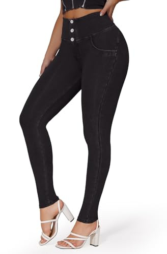 SEASUM Womens High Waist Butt Lifting Stretch Jeans 3 Button Push Up Curvy High Rise Leggings Black XL