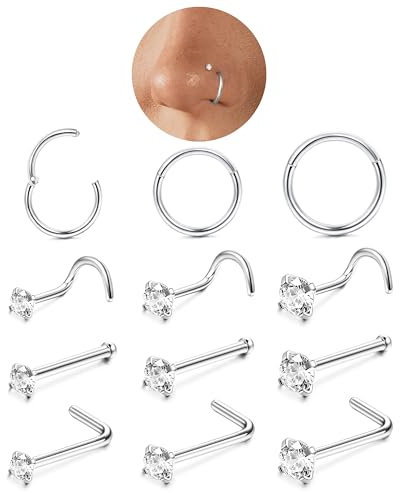 LOLIAS 12Stück Nasenpiercing Silber 316L Chirurgenstahl Piercing Nase 6/8/10MM Nasenpiercing Ring Nasenring CZ Nasenstecker Nasenpiercing Stecker Silber Nasenpiercing Set Nostril Schmuck Damen 18/20G