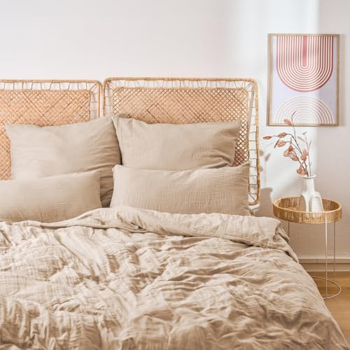 Blumtal Musselin Bettwäsche 155x220 cm + 80x80 cm - Oeko-TEX zert. Bettwäsche Musselin aus 100% Baumwolle - extra weiches Bettwäsche-Set waschbar bei 40 °C - Sommerbettwäsche Taupe