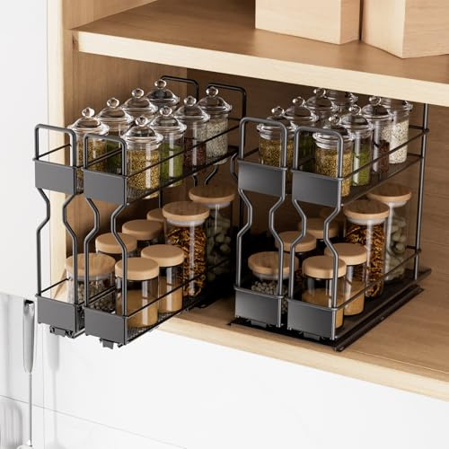 BTGGG Pull Out Spice Rack for Inside Cupboard 2 Tier Sliding Spice Rack Vertical Pull Out Cabinet Organiser Rack Easy to Install Metal Spice Organiser Seasoning Organiser for Kitchen Cupboard Cabinet