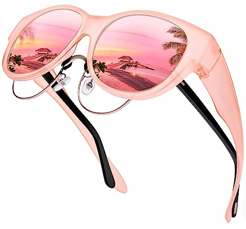 URUMQI Überzieh Sonnenbrille über Normale Brille, Polarisierte Überbrille Sonnenbrille für Brillenträger Damen, Retro Sonnenbrillen Fit over Sunglasses mit UV400 Schutz Rosa Rahmen