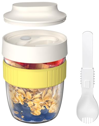 Linkidea Contenitore per avena notturna con coperchio, tazza di yogurt in plastica ermetica da 500 ml con cucchiaio e coperchio, contenitore portatile per avena notturna per lavoro/picnic (Bianco)