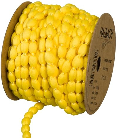 Halbach Sidenband pompom bård | bredd 8 mm längd 15 m | Band med tofsar som pom ponsgirlang, bröllopsdekoration, trädgårdsfestdekoration | färg: gul