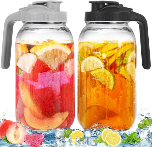 2 Pack Glass Pitchers with Lid, 64 oz Sun Tea Pitcher, Half Gallon Mason Jar Pitcher with Wide Mouth Airtight Lid for Ice Tea, Cold Brew Coffee, Fridge Water, Milk, Juices, Leak Proof Water Jug