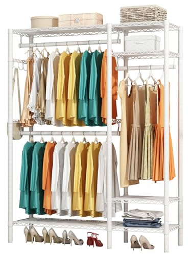 KZOBYD Kleiderständer, Freistehender Kleiderstange mit Regal Metall Garderobe mit Aufhängestangen Schwarz Kleiderschrank offen mit 4 verstellbaren Regalen für Mäntel Kleider Schuhe (Weiß)