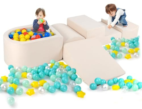 COSTWAY Juego de Escalada y Rampa de 5 Piezas, Bloque de Escalada con Piscina de Pelota Infantil, Funda Lavable a Máquina con Cremallera, Bloques de Construcción Creativos,Sin Pelotas de Mar (Beige)