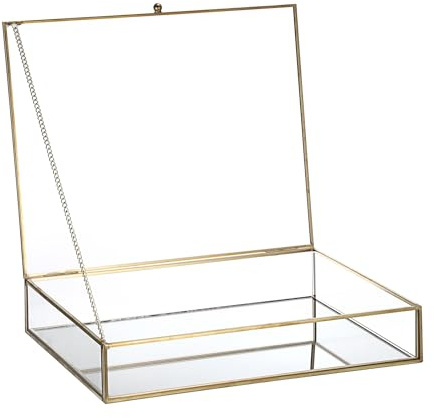SUMTree Joyero vintage dorado de latón, vitrina de cristal, joyero con tapa, organizador de tocador, organizador para joyas, cosméticos, postales, caja de regalo para bodas, cumpleaños