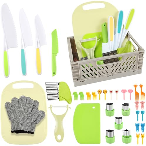 HOTUT Set di Coltelli da Cucina per Bambini, 35 Pezzi Sicurezza Utensili Cucina per Bambini, Coltello di Sicurezza per Tagliare e Cuocere Frutta e Verdura, Coltello Montessori