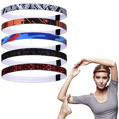 ONGNIUU Diadema Deportiva de Silicona Antideslizante - 5 Pcs Cinta Pelo Deporte, Banda Elástica para la Cabeza Que Absorbe el Sudor, No Aprieta y No Se Mueve, para Yoga, Running, Fitness, Ciclismo