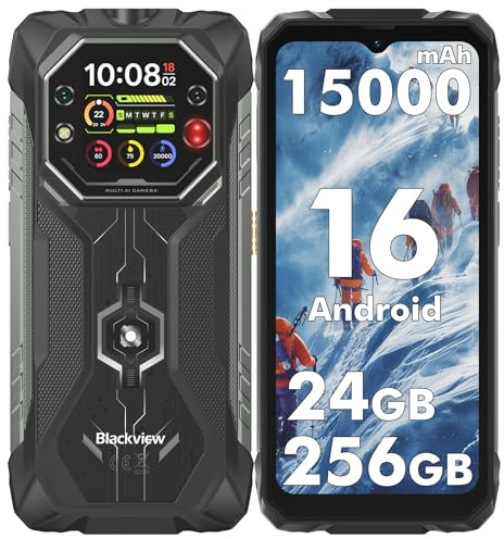 Blackview ROCK 1 Rugged Smartphone Android 16, 15000mAh 33W Rugged Phone Unlocked, 24GB + 256GB, Dual AI Cameras + 20MP Night Vision, 6.56 HD+ 2.01 Dual-Screen, IP69K/NFC/Glove Mode Waterproof Phone