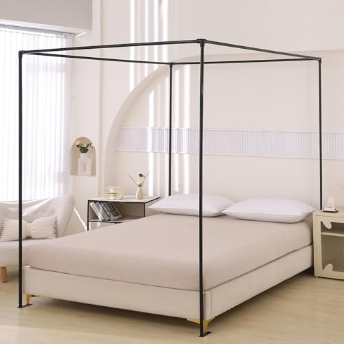Beyeutao Double Bed Canopy Frame Black Mosquito Net Frame W135×L200×H200 cm Four Corners Post Canopy Bed with Bases 4 Poster Bed Frame for Play Tent Outdoor or Indoor