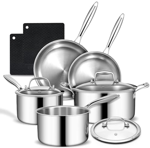10pcs Stainless Steel Pot and Pan Set – Induction Hob Pots and Pans Non Stick – 24cm Casserole with lid, Saucepan with Lid and Frying pan, PFOA Free Kitchen Cookware Set, Oven Safe