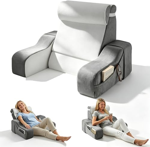VeftBltrem Cuscino da lettura reversibile 2 in 1, cuscino da lettura per letto e divano con braccioli e poggiatesta rimovibili, 2 angoli di inclinazione per lo schienale: 20° e 55°, sedia da letto per
