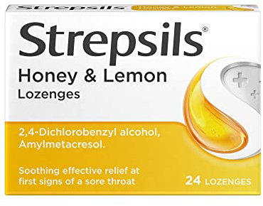 Strepsils Sore Throat Relief, Honey and Lemon, 24 Lozenges, Soothes, Effective Antiseptics, Removes Germs, Fights Infections, Fast Acting, 2 Hours Relief, Medication