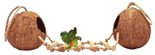 Tfwadmx Cachette de noix de coco naturelle avec perchoirs échelles à suspendre pour cage perroquet, perroquet, perruche, inséparable, pinson, hamster
