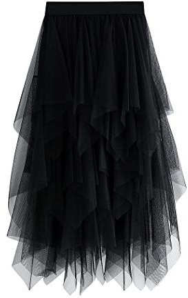 Geagodelia Tüllrock Damen Mädchen Elegant Weich Knielang/Lang Sommerrock Vintage Tütü Rüschen Tüll Rock One Size 36/38/40 F-47737 (Schwarz)