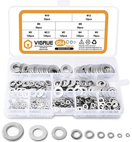 VIGRUE 684 Stück Flach Unterlegscheiben,Beilagscheiben 9 Größen M2 M2.5 M3 M4 M5 M6 M8 M10 M12 Edelstahl Flach und Sicherungsscheiben Beilagscheiben Sortiment Set