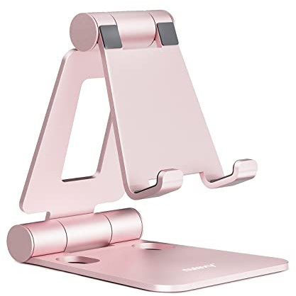 Nulaxy Dual Folding Cell Phone Stand, Fully Adjustable Foldable Desktop Phone Holder Cradle Dock Compatible with iPhone 17 16 15 14 13 12 11 Pro Max Xs Xr X 8, Nintendo Switch, All Phones - Rose Gold