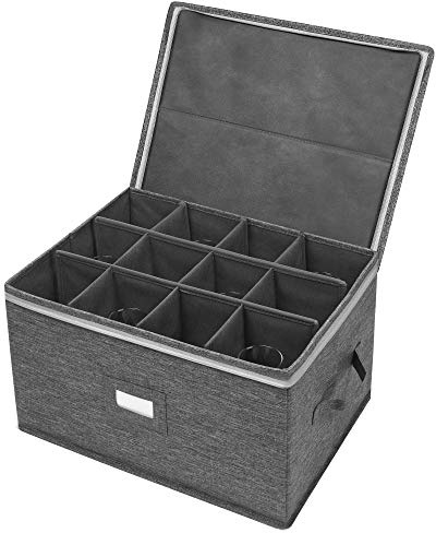 Stemware Storage Cases, Wine Glass Storage Box Containers for Glassware or Crystal, Holds 12 Red or White Wine Glasses, Hard Top and Sides (Grey)