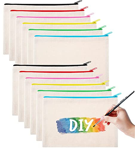 12 Stück DIY Blanko Stoffbeutel,Reise Kulturbeutel,Kosmetiktaschen mit Reißverschluss,Brautjungfern Geschenk Kosmetiktasche,Stoff Federmäppchen,Segeltuch Kosmetiktasche,Federmäppchen Klein