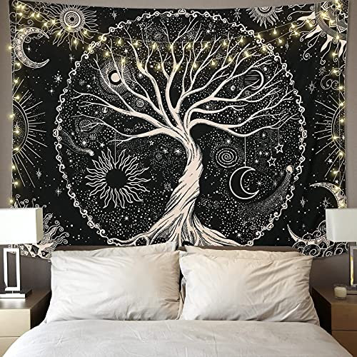 Betylifoy Albero della Vita Luna e Sole Arazzo Appeso a Parete Nero Mandala Psichedelico Arazzo da Parete Stellato Decorazione da Parete Hippie per Camera da Letto (Albero, 130x150cm)