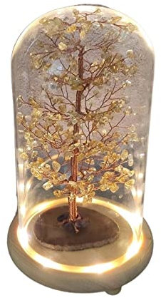 TOMYEUS Crystal Tree/Money Tree Handmade Natural Citrine Lucky Tree Lucky Peach Blossom Transfer Glass Cover Home Living Room Energy Ornament Gem Tree