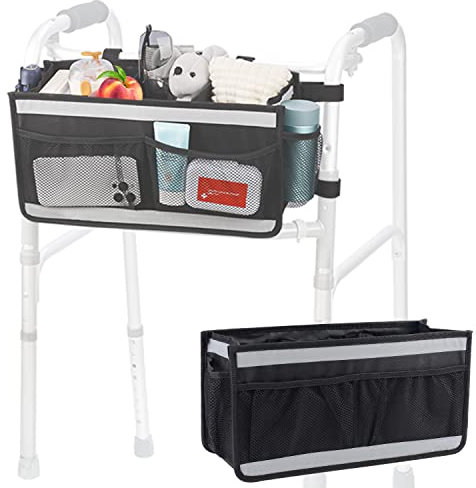 supregear Walker Tasche Korb, Große Aufbewahrungstasche für Walker mit 4 Netztaschen und reflektierendem Streifen Haken & Schleife Entwurf Aufbewahrungstasche für Walker-Tragezubehör, Schwarz
