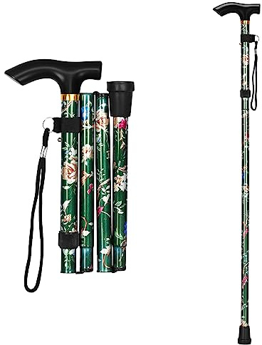 supregear Canne Pliante, Hauteur Réglable à 5 Niveaux Canne de Marche Légère Portable Bâtons de Voyage avec Dragonne et Poignée en T pour Personnes Âgées Handicapées Hommes Femmes, Floral Vert