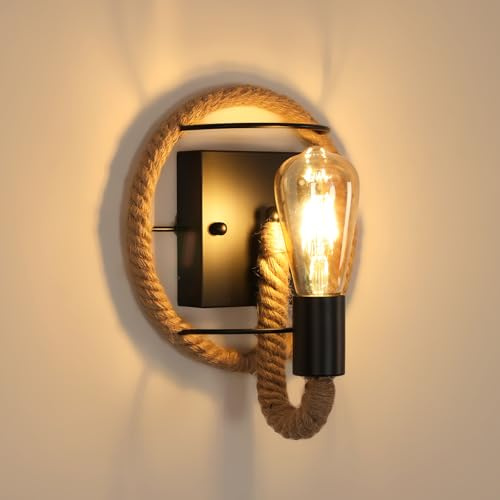 Pheashine Aplique pared Cuerda, Rusticos Aplique de Pared Retro Industrial, Vintage Lámpara Pared de Cuerda de Cáñamo Interior para Dormitorio, Pasillo (Sin Bombillas)