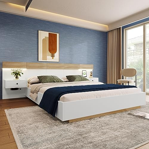 Merax Doppelbett Bettanlage mit 2 LED Nachtkommoden und USB C, Holzbett Bettrahmen mit Kopfteil und Lattenrost, 180 x 200 cm, Stilvolle Schwebebett, Schlafzimmer Komplett-Set, Weiß & Eiche Sonoma