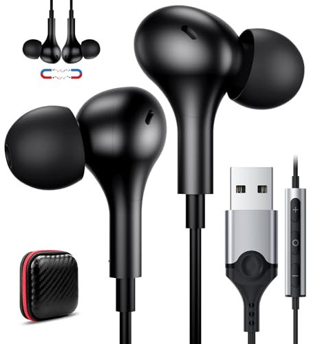 ACAGET Écouteur USB 2.5M, Casque USB PC Filaire avec Microphone Contrôle du Volume Casque PC Gaming Casque Filaire stéréo HiFi in Ear Écouteur Magnétique pour Ordinateur/Mac/Laptop/Chromebook/PS 4/5