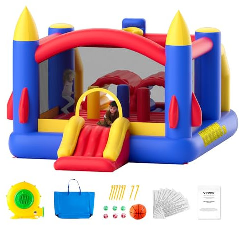 VEVOR Château Gonflable, Structure Gonflable avec Souffleur, Toboggan et Sac de Rangement, Trampoline Extérieur, Aire de Jeu Gonflable d’Arrière-Cour, pour Enfants Âgés de 3 à 8 Ans, 408x240x245 cm