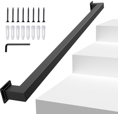 3FT/90CM Square Tube Handrail,Wall Mount Staircase Handrail Modern Pipe Stair Industrial Stair Rail for Indoor Outdoor Steps,440lbs Load,Carbon Steel Non-Slip Grab Handle for Loft Porch 1 Section
