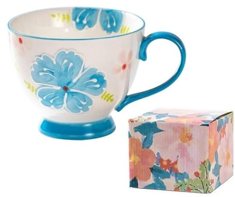 FülleMore Porzellan Frühstückstasse mit Blumenmuster Handbemalte Müslitasse mit Henkel 450ml Große Kaffeetasse Milchbecher Geschenk für Geburtstag Weihnachten Muttertag Valentinstag (Blau)