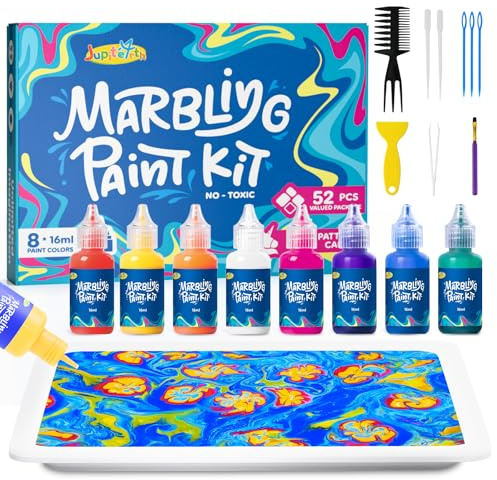 JUPITEARTH Water Marbling Paint for Kids,8 Colours,Arts and Craft Kits for Kids,Creative Art Supplies for Kids Aged 3–5,4–8,8–12,DIY Marbling Paint for Craft Projects,Birthday & Christmas Gifts