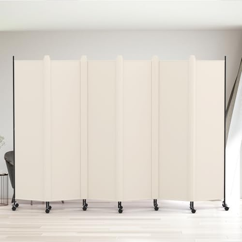 Kokorona 6 Panel Room Divider, 6FT Tall Rolling Privacy Screen with Lockable Wheels, Folding Wall Dividers Portable Room Divider for Room Separation, Included - Cover Strips, Beige, W 302 x H 178 cm