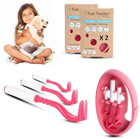 Tick Twister Tire Tique pour Chien, Chat et Humain (Lot de 2 Sets de 3) - Retrait Facile, Rapide et sans Douleur – Pince à Tique avec Boîte de Rangement, Idéal en Voyage et à la Maison (Rose, 2 Sets)