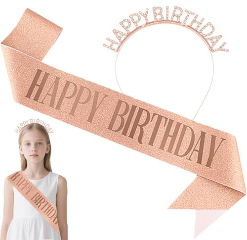 Sparkling Birthday Sash and Tiara Set for Women Rose Gold Birthday Girl Crown & Pink Birthday Sash Happy Birthday Sash Women Photo Props, Party Must-Have for Milestone Ages