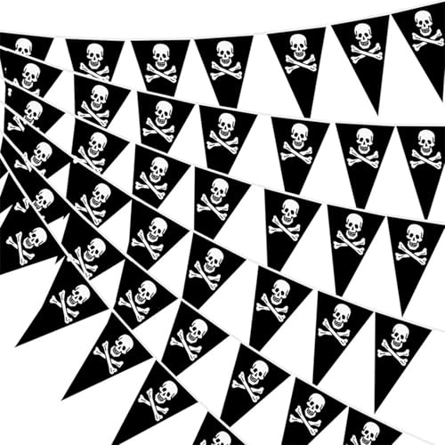 TUONYIS 2 Piezas/8M Bandera Pirata Banderas Bandera Jolly Roger Cadena de Banderín Pirata Bandera Pirata Decoración de Fiesta de Pirata Decoración de Halloween de Cumpleaños Infantil (Negro)
