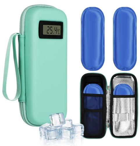 Fefod Estuche Insulina, Nevera Insulina de Viaje con 2 Bolsas de Hielo Refrigerado TSA, Estuche Medicamentos para Diabetes con Visualización de Temperatura para Viajes Largos y Diarios (Verde)