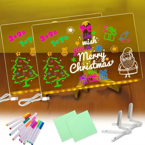 2 Stück LED Notiztafel mit Farben, Leuchtendes Led Zeichenbrett für Kinder, Led Zeichentafel Kinder mit 12 Farben Stift und Verstellbarem Ständer,Abwischbar, für Büro, Café, Schule, Zuhause (A)