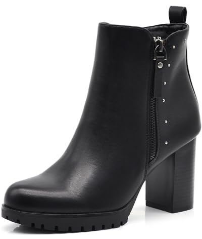 IF Stivaletti da donna con borchie decorativa tronchetti tacco alto largo platform carrarmato 9115-7 nero N.38