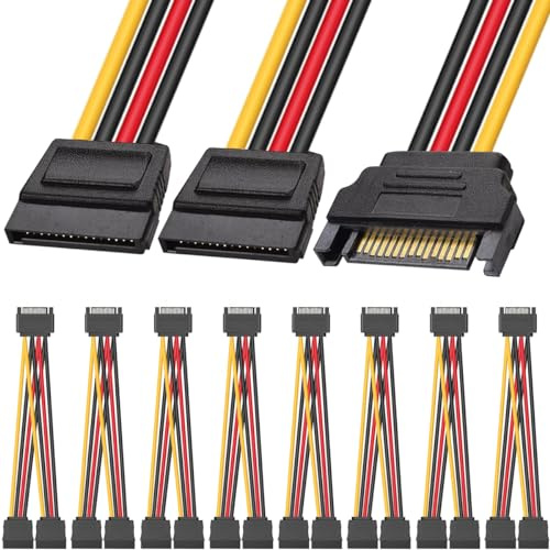 HAAMNING7 8-pack SATA strömdelningskabel, 15-polig SATA-hane till dubbel 15-polig SATA hona ström Y splitter adapter för hårddisk HDD SSD 20 cm 7,9 tum