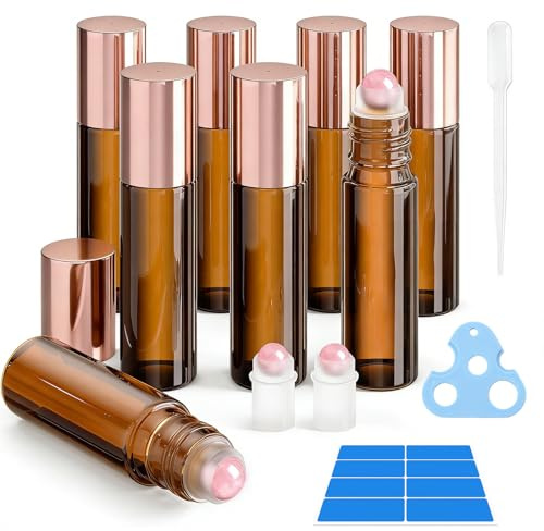8 Pcs Rose Quartz Roller Bottles for Essential Oils, Refillable & Leak-Proof ，10ml Empty Amber Glass Roll on Bottle with Natural Crystal Roller Balls ,Perfect for Perfume, Fragrance & Aromatherapy