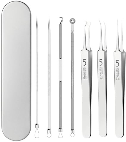 Kit di Strumenti Rimozione Punti Neri, 7 Pezzi, Spremicomedoni Pinzette, Set di pinzette con custodia in metallo Strumento, per il Trattamento e la Togli di Comedoni e Acne sul Viso